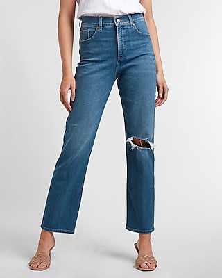 Express Super High Waisted Ripped Modern Straight Jeans