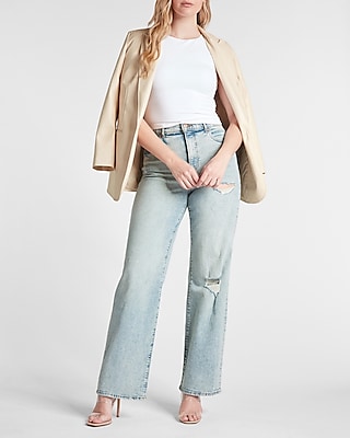 Express Super High Waisted Light Wash Ripped 90S Wide Leg Palazzo Jeans