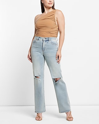 High Waisted Light Wash Ripped Wide Leg Palazzo Jeans