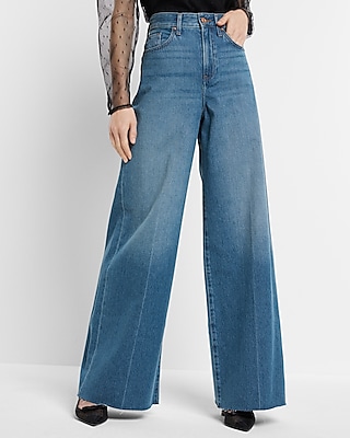 Super High Waisted Medium Wash Raw Hem Baggy Wide Leg Palazzo Jeans