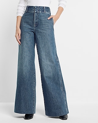 Super High Waisted Medium Wash Baggy Wide Leg Palazzo Jeans