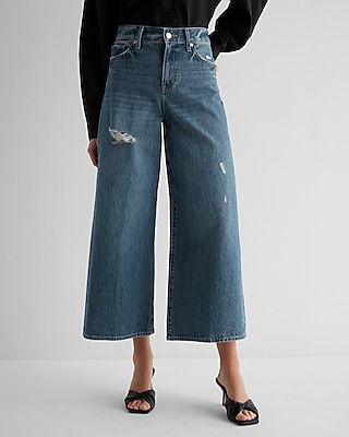High Waisted Medium Wash Ripped Wide Leg Palazzo Ankle Jeans