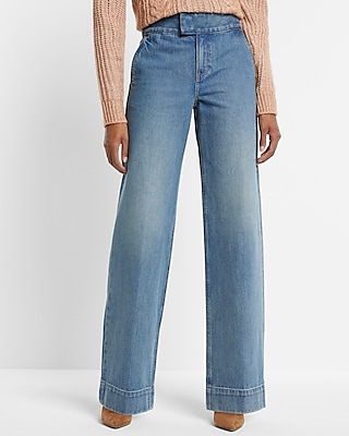 High Waisted Medium Wash Wide Leg Palazzo Jeans