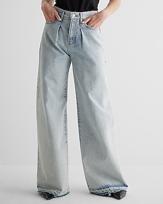 Super High Waisted Light Wash Pleated Baggy Wide Leg Palazzo Jeans