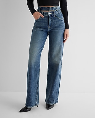 High Waisted Cutout D-Ring Belt Wide Leg Palazzo Jeans