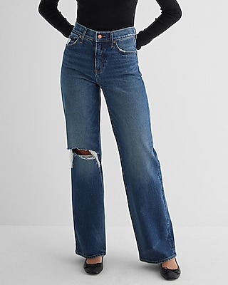 High Waisted Dark Wash Ripped Wide Leg Palazzo Jeans