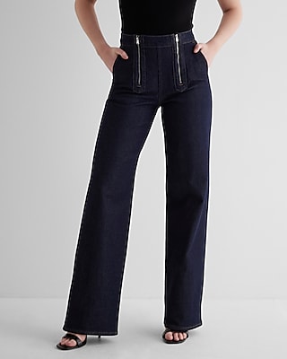 High Waisted Rinse Exposed Double Zipper Wide Leg Palazzo Jeans