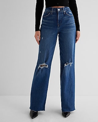 High Waisted Dark Wash Ripped Raw Hem Wide Leg Palazzo Jeans