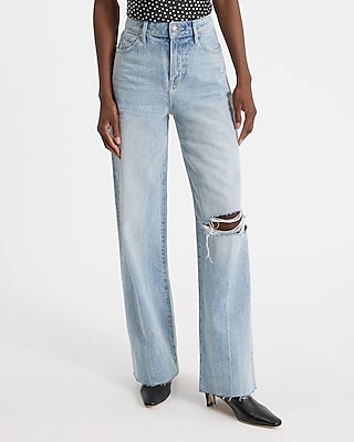 High Waisted Light Wash 50/50 Rigid Stretch Ripped Wide Leg Palazzo Jeans