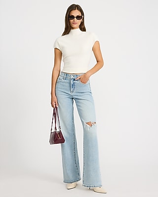 High Waisted Patch Pocket Wide Leg Medium Wash Jeans