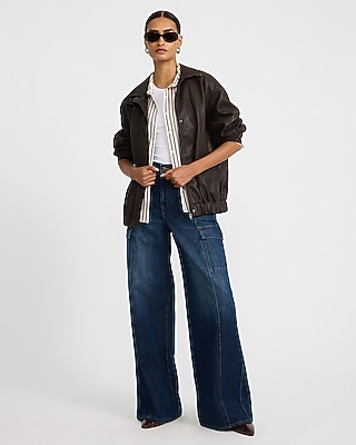 High Waisted Relaxed Wide Leg Cargo Dark Wash Jeans