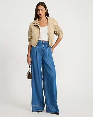 High Waisted Pleated Relaxed Wide Leg Medium Wash Jeans