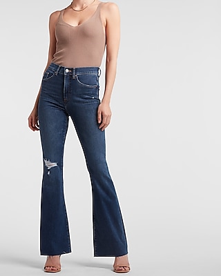 Express High Waisted Ripped Raw Hem Supersoft Flare Jeans