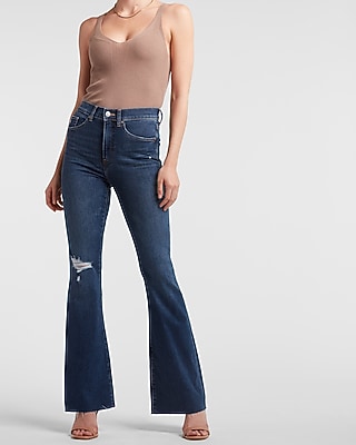 High Waisted Ripped Raw Hem Supersoft Flare Jeans