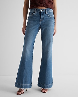 Mid Rise Medium Wash Raw Hem 70s Flare Jeans