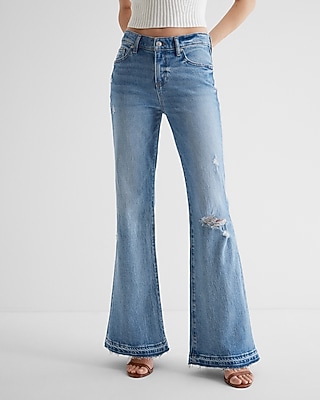 Mid Rise Medium Wash Ripped Raw Hem '70S Flare Jeans