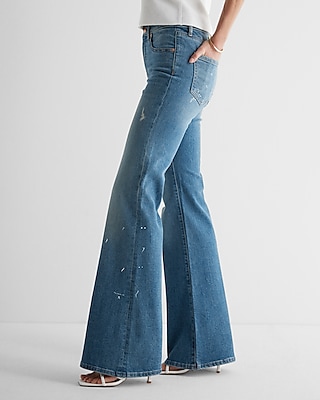 Mid Rise Medium Wash Ripped Splatter Paint '70S Flare Jeans