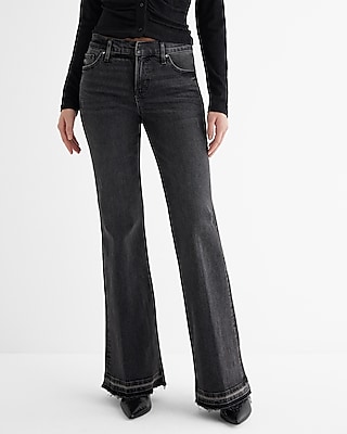 Mid Rise Black Raw Drop Hem '70S Flare Jeans