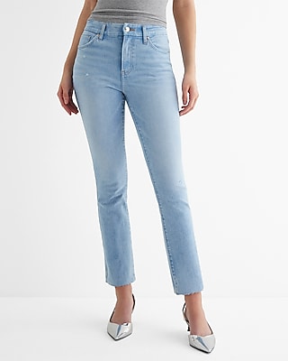 High Waisted Light Wash Raw Hem Curvy FlexX Cropped Flare Jeans