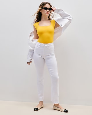 High Waisted White Raw Hem Cropped Flare Jeans