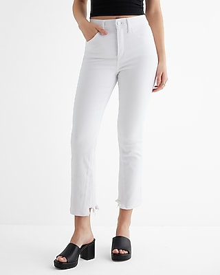 High Waisted White Raw Hem Cropped Flare Jeans