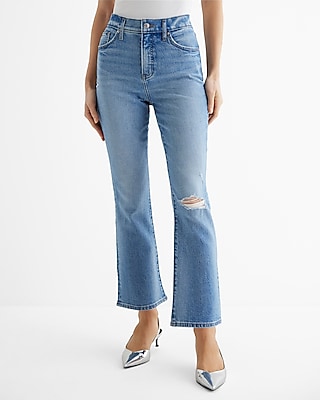 High Waisted Light Wash Ripped Cropped Flare Jeans