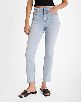 High Waisted Light Wash Raw Hem Curvy Flexx Cropped Flare Jeans