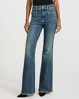 High Waisted Patch Pocket '70s Flare Dark Wash Jeans