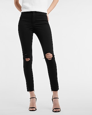 High Waisted Black Ripped Raw Hem Supersoft Skinny Jeans