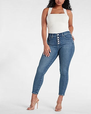 Mid Rise Medium Wash Button Fly Skinny Jeans
