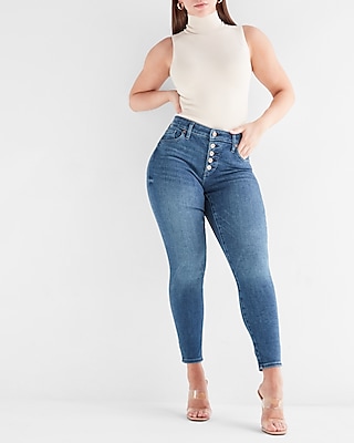 Curvy Mid Rise Medium Wash Button Fly Skinny Jeans