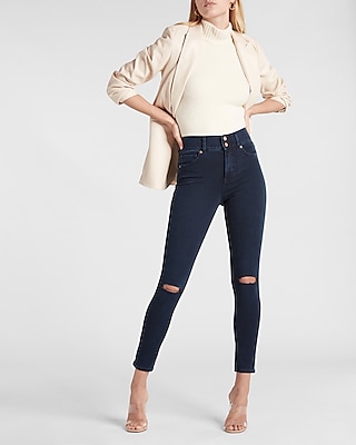 High Waisted Extra Supersoft Double Button Ripped Skinny Jeans