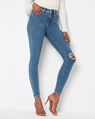 Mid Rise 4-Way Hyper Stretch Medium Wash Ripped Skinny Jeans