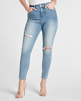 High Waisted Light Wash Ripped Skinny Jeans