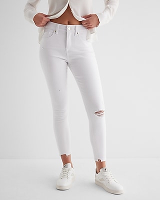 Mid Rise White Ripped Raw Hem Cropped Skinny Jeans