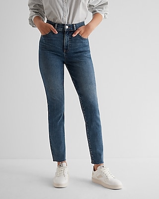 High Waisted Dark Wash Raw Hem '90S Skinny Jeans
