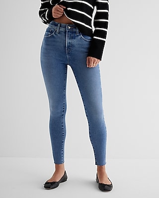 High Waisted Medium Wash Raw Hem Skinny Jeans