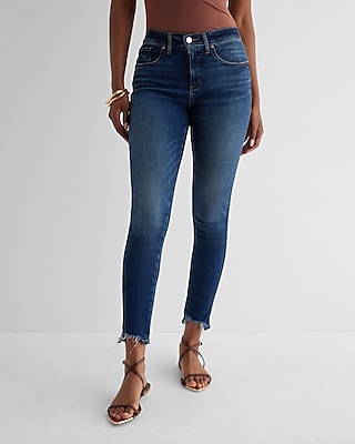 Mid Rise Dark Wash Raw Hem Skinny Jeans