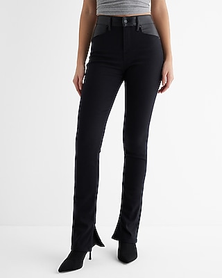 Mid Rise Black Faux Leather Waist Skyscraper Jeans