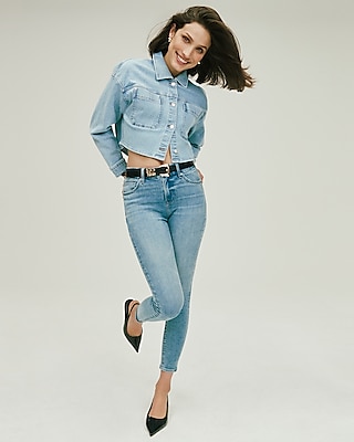 Mid Rise Light Wash Curvy FlexX Cropped Skinny Jeans, Women's Size:L long