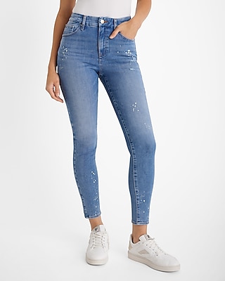 High Waisted Medium Wash Splatter Paint Curvy Flexx Skinny Jeans