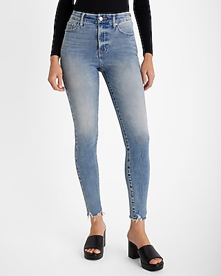 High Waisted Medium Wash Raw Hem Curvy Flexx Skinny Jeans