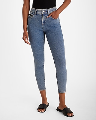 Mid Rise Medium Wash Satin Panel Cropped Skinny Jeans