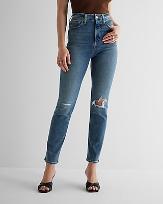 Super High Waisted Dark Wash Ripped '90S Slim Jeans