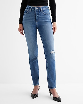 High Waisted Medium Wash Ripped 90s Slim Jeans