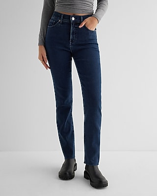 High Waisted Dark Wash Raw Hem '90S Slim Jeans