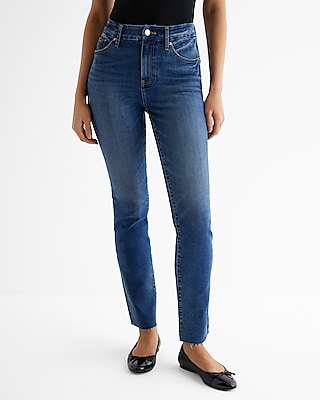 High Waisted Dark Wash Raw Hem Curvy FlexX '90S Slim Jeans, Women's Size:M long