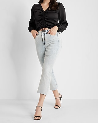 High Waisted Light Wash Raw Hem Cropped Flare Jeans