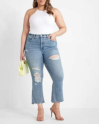 High Waisted Light Wash Ripped Cropped Flare Jeans