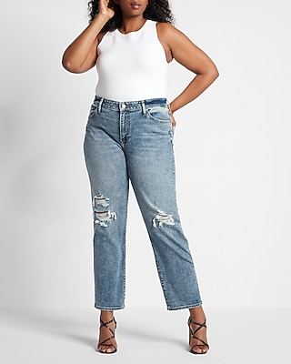 Mid Rise Medium Wash Ripped Boyfriend Jeans